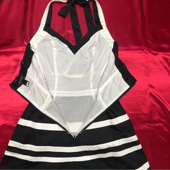 White House Black Market (WHBM) Black & White Stripped Halter Knee Length Dress - Picture 8 of 16